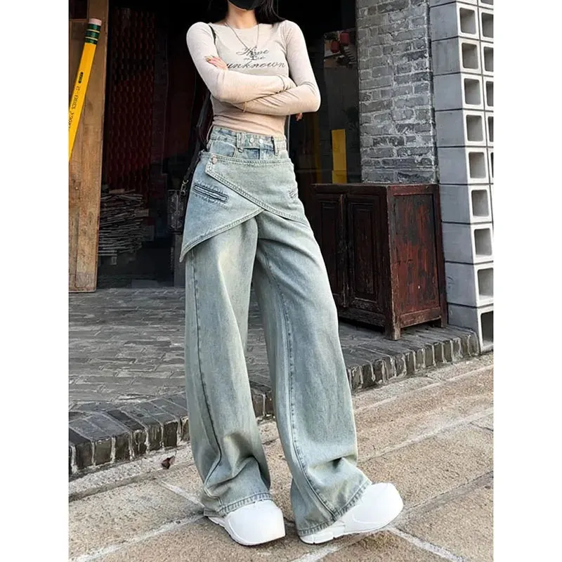 Aiertu Women's Blue Baggy Y2k Jeans Vintage 90s Aesthetic Patchwork Cowboy Pants Harajuku Denim Trouser Streetwear 2000s Trashy Clothes