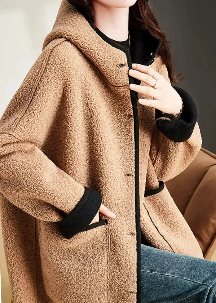 Modern Camel Patchwork Button Hoodie Faux Fur Coat Long Sleeve LY8365